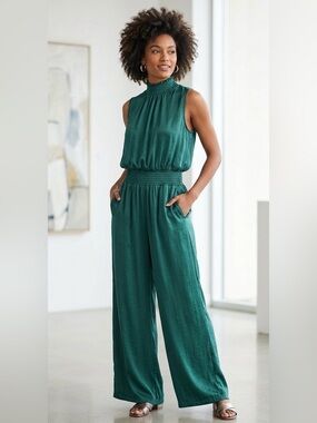 Smocked-Neck Sleeveless Wide-Leg Jumpsuit - Emerald Green
